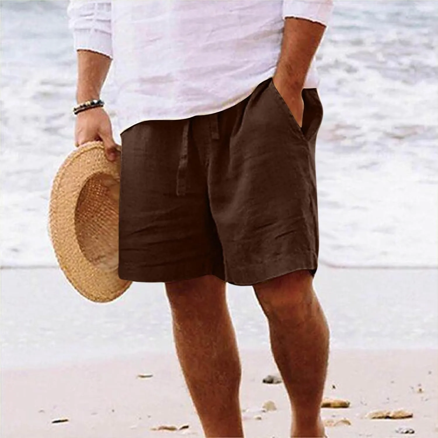 Men's Cotton Linen Shorts Drawstring Casual Loose Fit Breathable Summer Lightweight Work Beach Sweatpants with Pockets