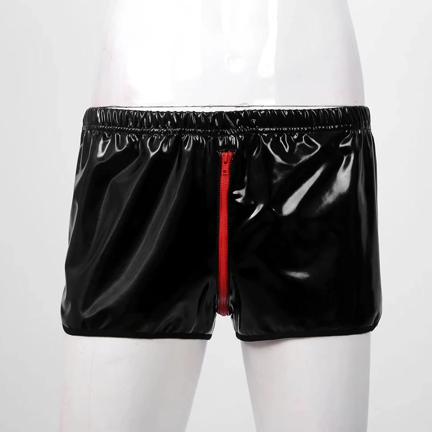 Mens Patent Leather Boxer Briefs Zipper Crotch Tight Shorts Elastic Breathable Underpants Trunks Sexy Soft Lingerie