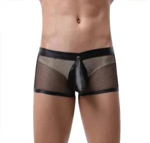Men's Sexy Mesh Sheer Underwear Shorts Erotic Leather Crotch Convex Briefs Breathable Low-Waist Shorts Boxers Black Mesh Erotic Panties Snap Button Removable Briefs