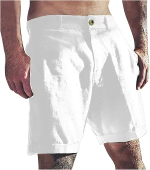 Mens Shorts Summer Trendy Cotton Linen Beach Pants Elastic Waist Button Trousers Breathable Running Pants with Pokets
