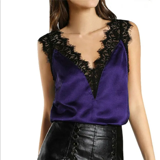 New 2018 Summer Women Loose Fashion Lace Deep V Sleeveless Spliced Cotton V Back Casual Tops Blouse Shirt