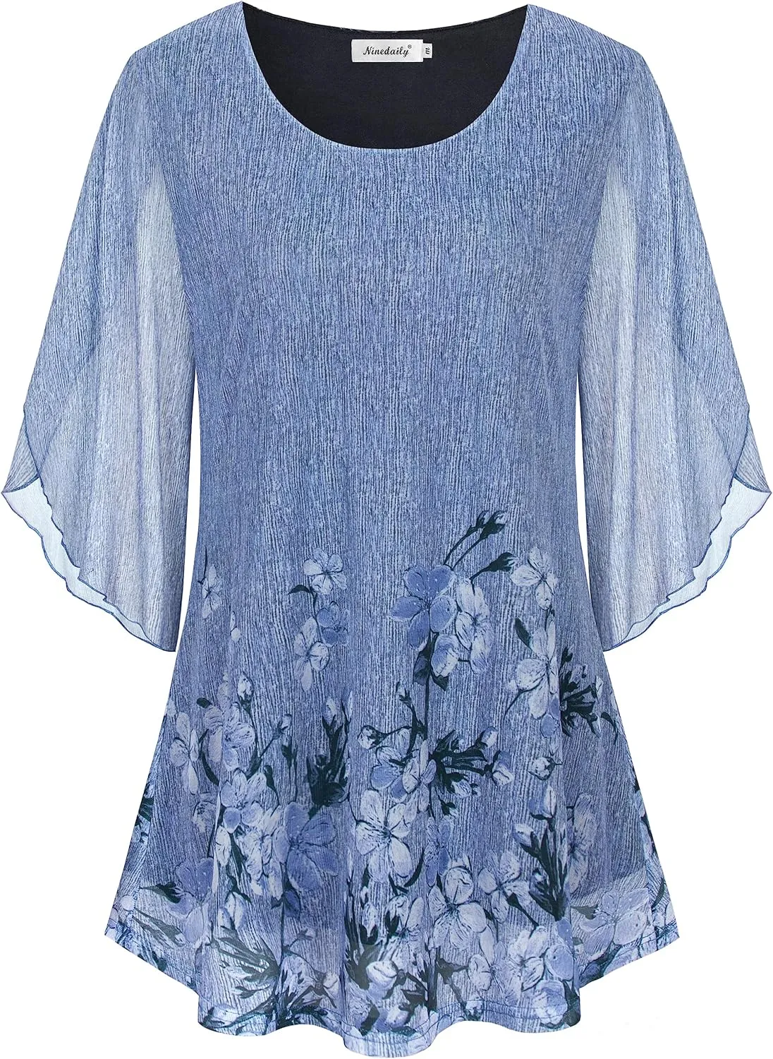 Ninedaily Women's Tops 3/4 Sleeve Blouses Dressy Casual Double Layers Mesh Tunic Shirts
