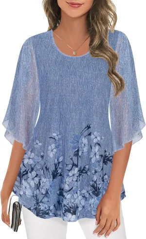 Ninedaily Women's Tops 3/4 Sleeve Blouses Dressy Casual Double Layers Mesh Tunic Shirts