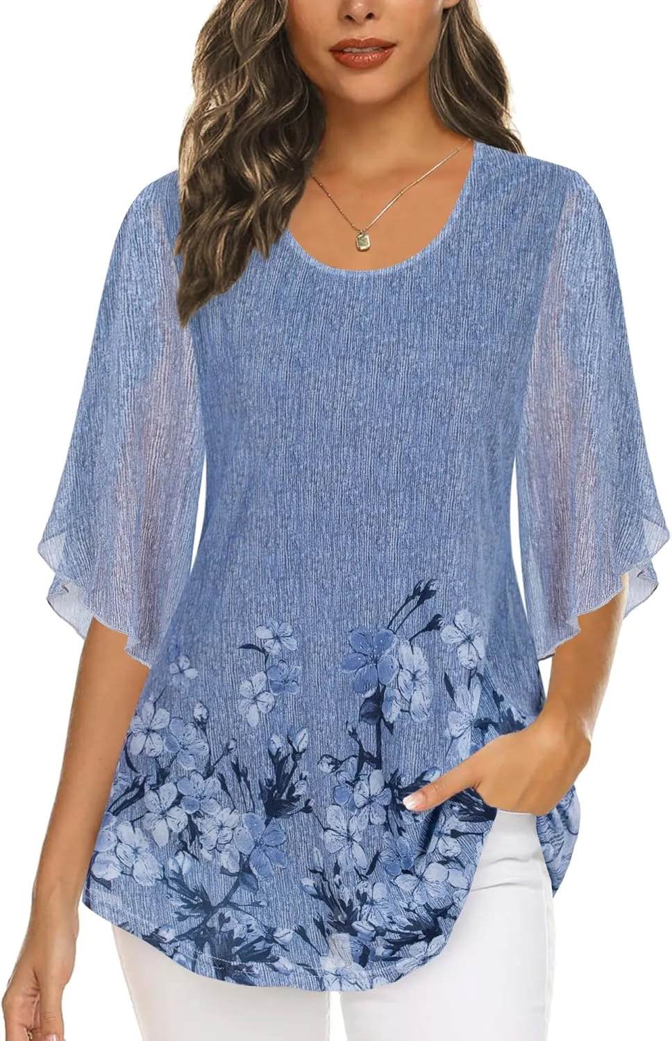 Ninedaily Women's Tops 3/4 Sleeve Blouses Dressy Casual Double Layers Mesh Tunic Shirts