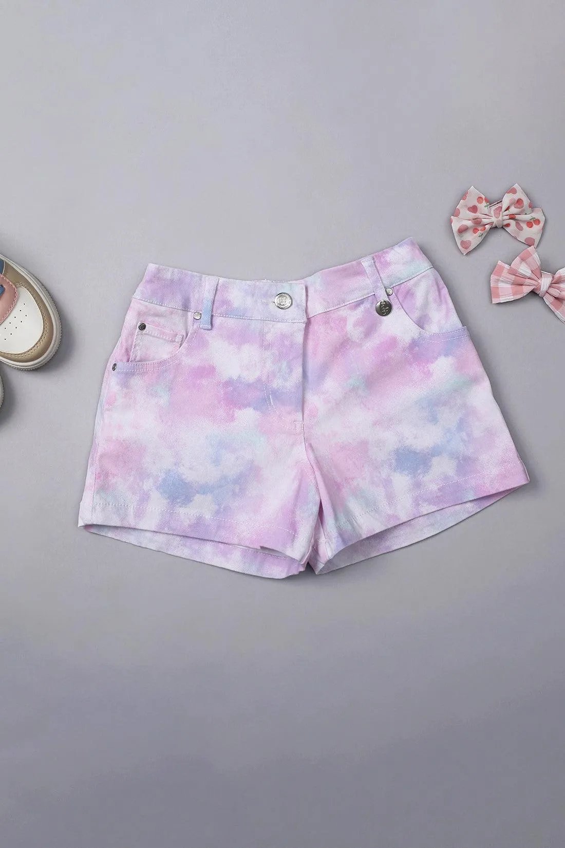 One Friday Kids Girls Multi Cotton Tye Dye Printed Short