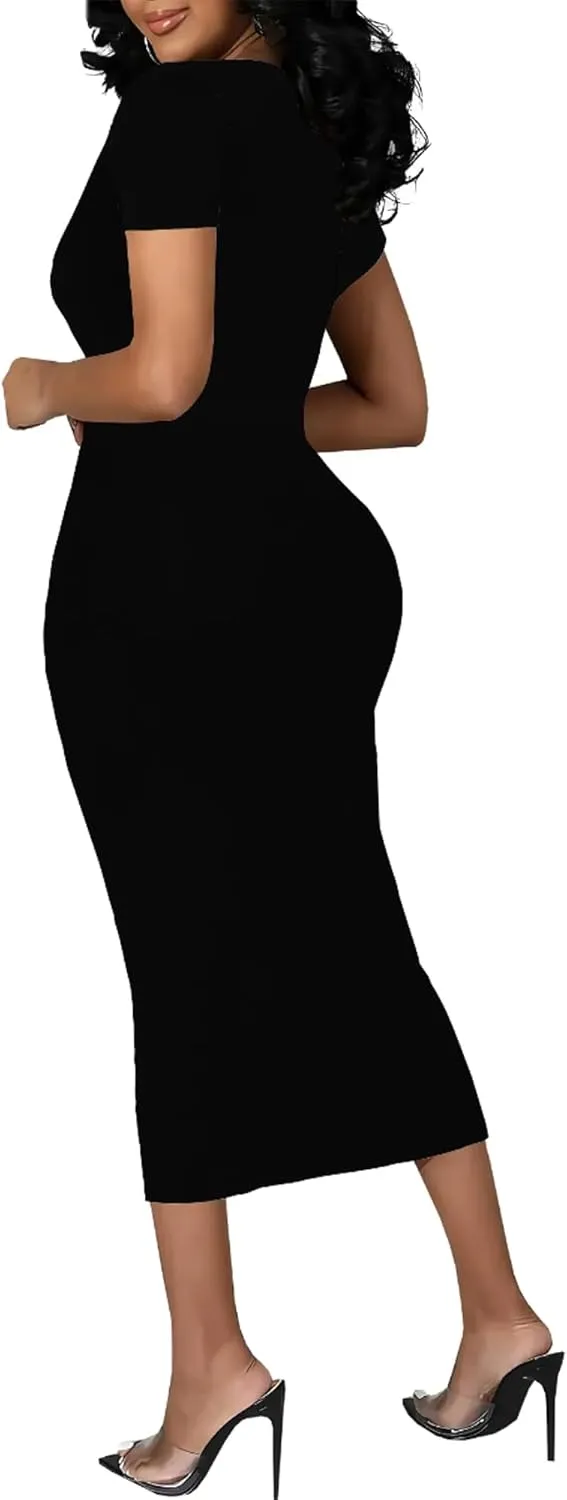 Plus Size Dress for Women Summer Casual Short Sleeve Midi Club Party Fitted Tight Dresses Basic Pencil Midi Bodycon Dress