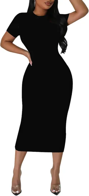 Plus Size Dress for Women Summer Casual Short Sleeve Midi Club Party Fitted Tight Dresses Basic Pencil Midi Bodycon Dress