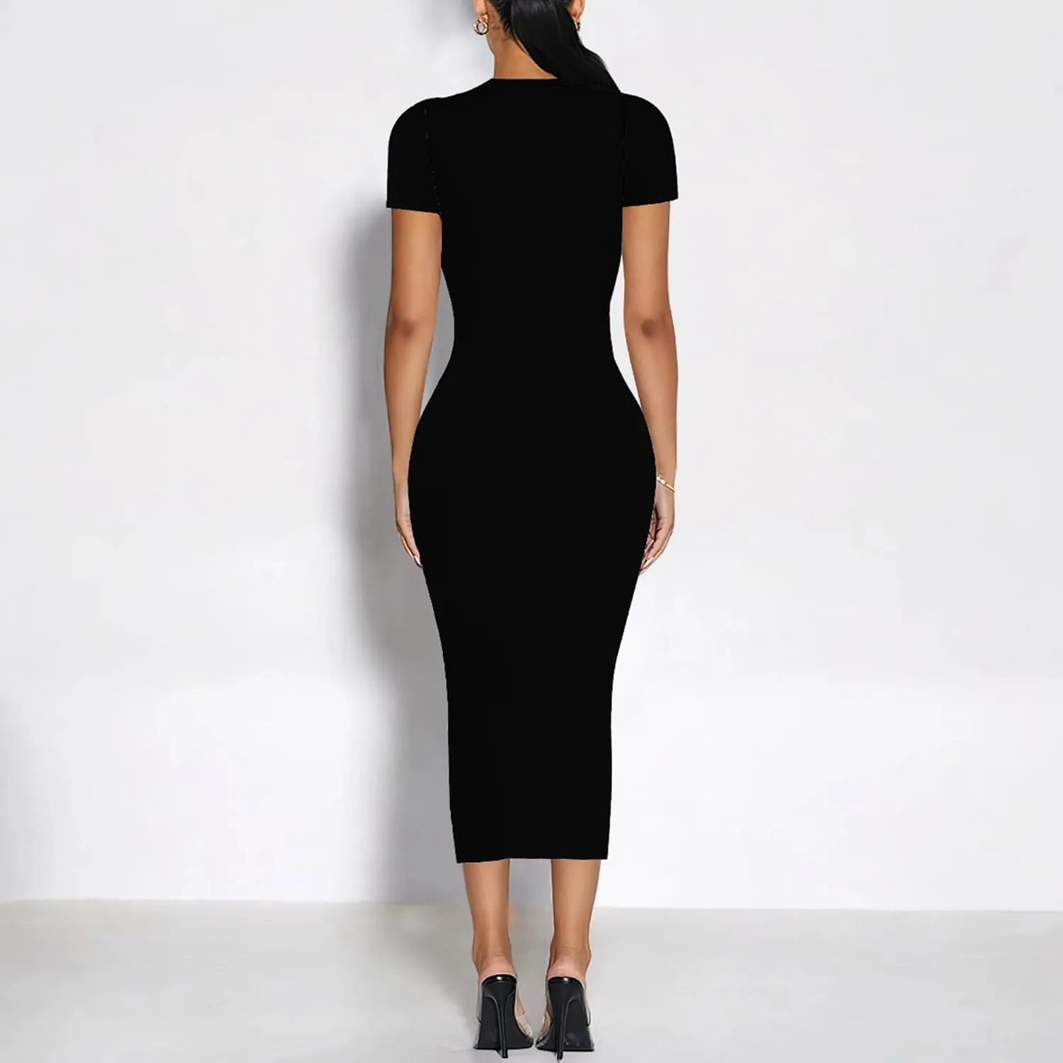 Plus Size Dress for Women Summer Casual Short Sleeve Midi Club Party Fitted Tight Dresses Basic Pencil Midi Bodycon Dress