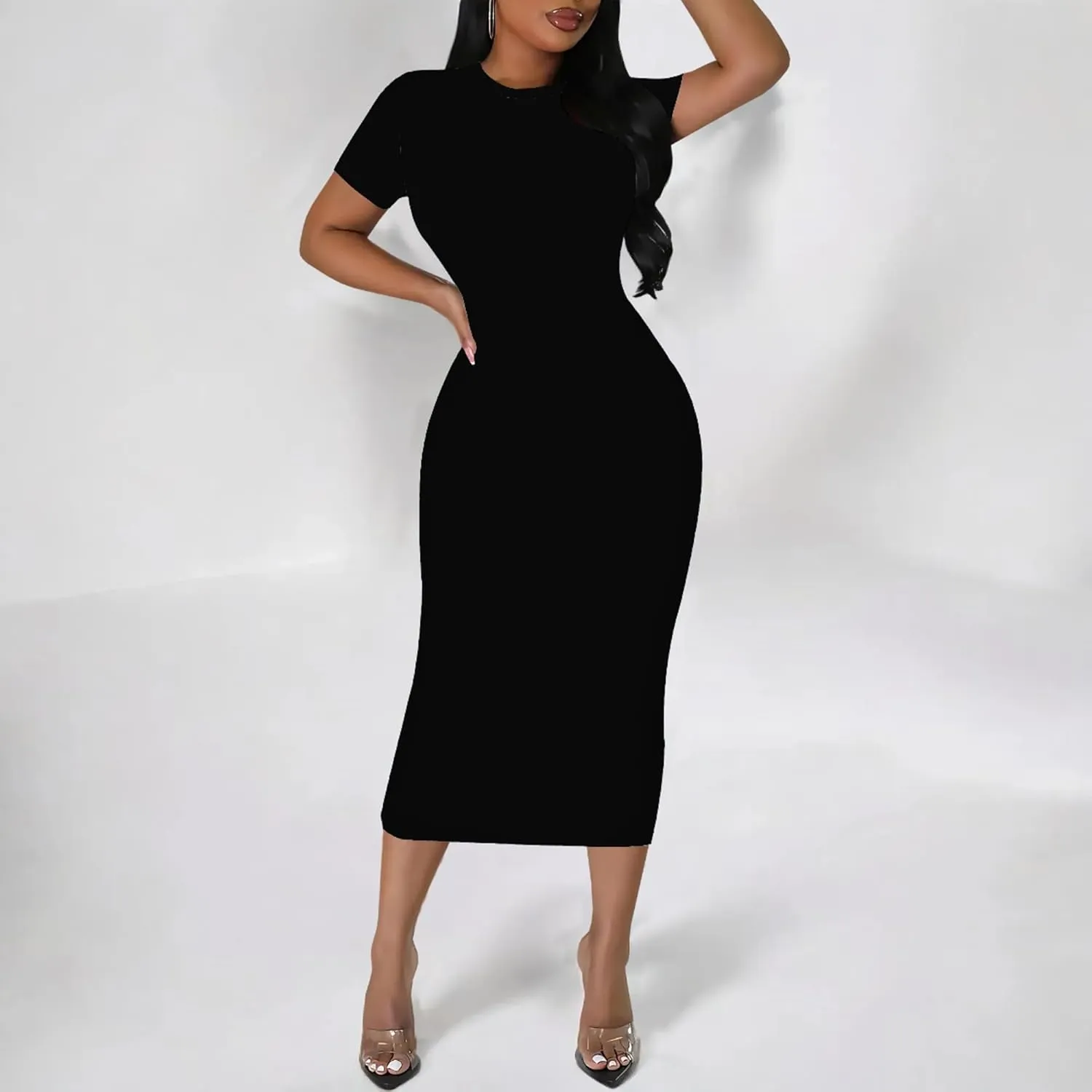 Plus Size Dress for Women Summer Casual Short Sleeve Midi Club Party Fitted Tight Dresses Basic Pencil Midi Bodycon Dress