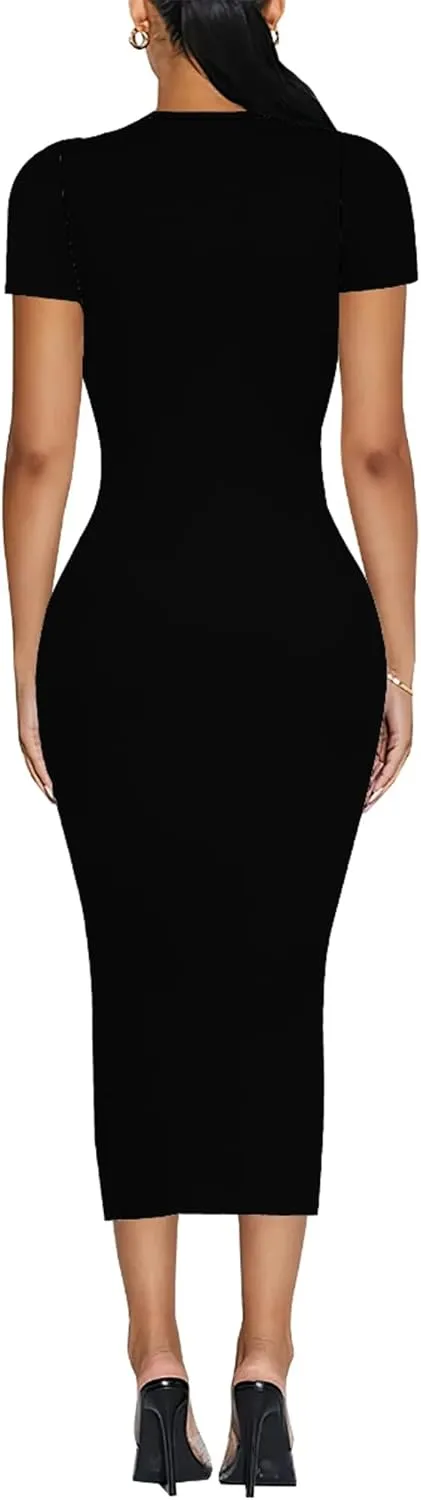 Plus Size Dress for Women Summer Casual Short Sleeve Midi Club Party Fitted Tight Dresses Basic Pencil Midi Bodycon Dress