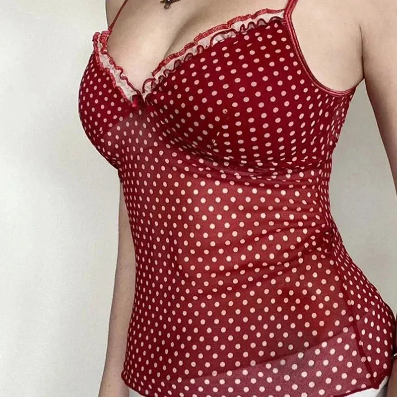 Red Polka Dot Mesh Cami Top