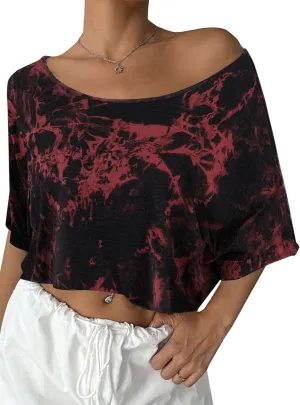 Remidoo Womens Off The Shoulder Short Sleeve Crop Top Asymmetrical Neck Loose Tshirt