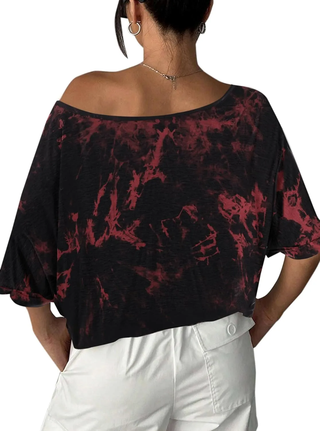 Remidoo Womens Off The Shoulder Short Sleeve Crop Top Asymmetrical Neck Loose Tshirt