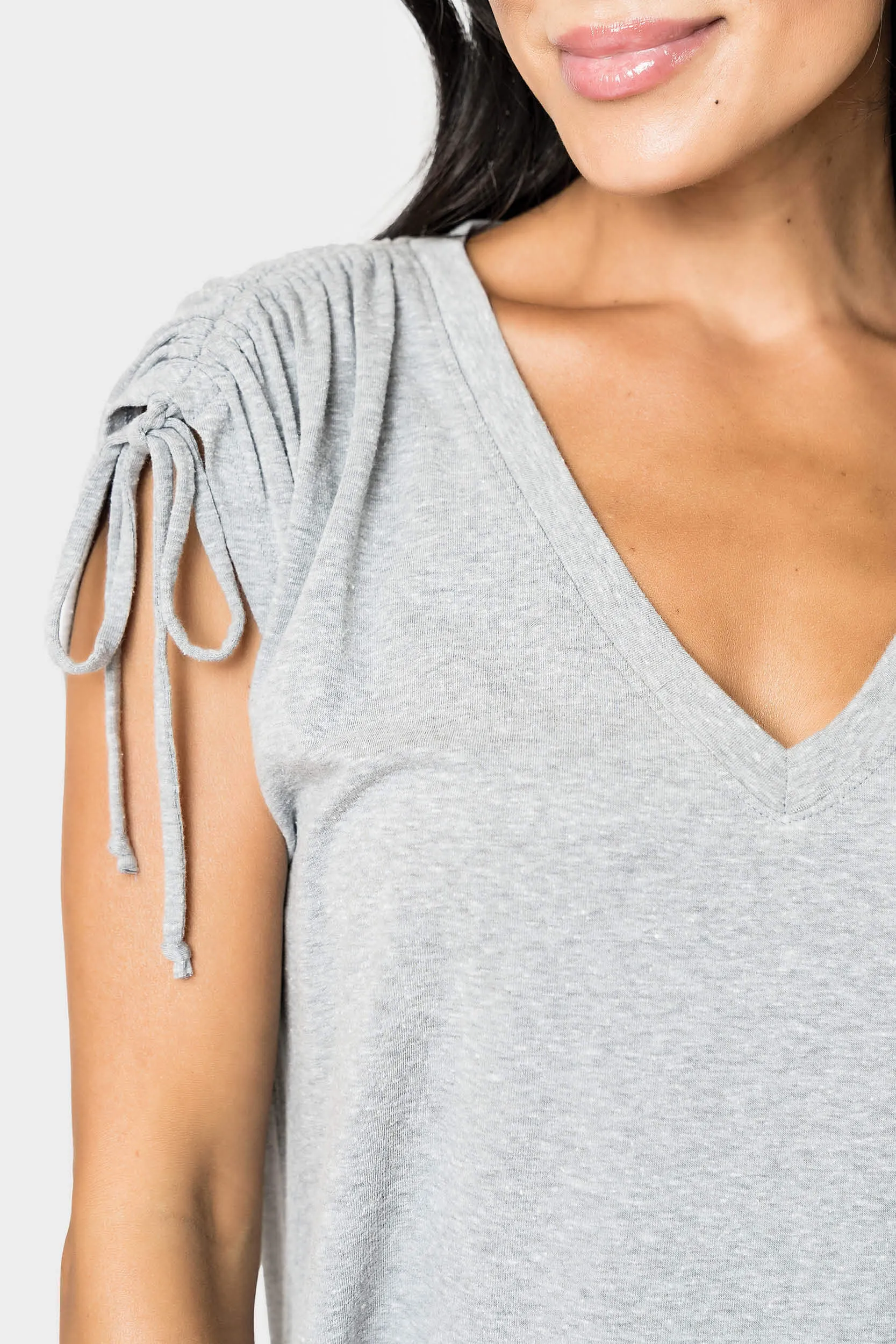Rouched Sleeve Luxe V-Neck Tee