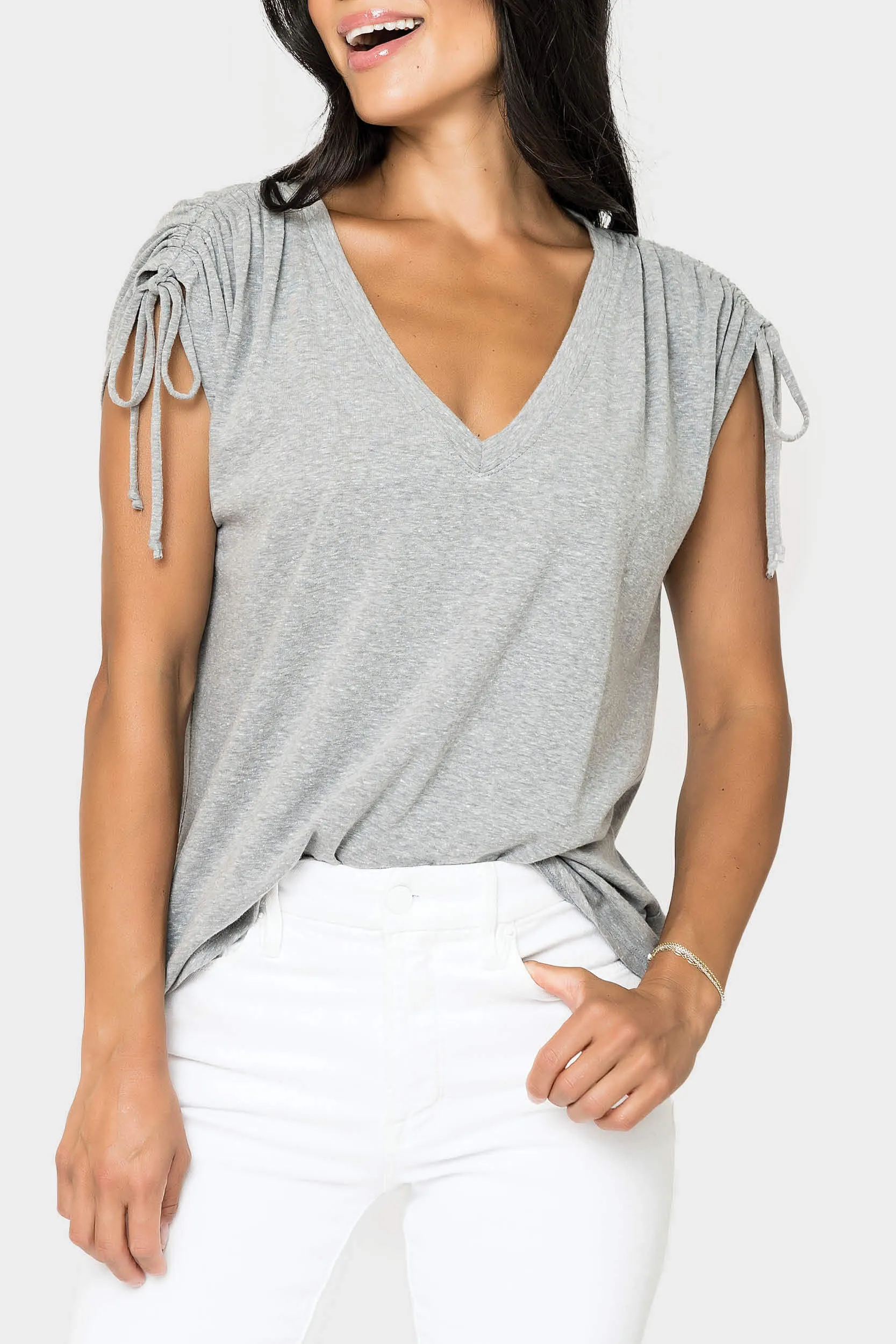Rouched Sleeve Luxe V-Neck Tee