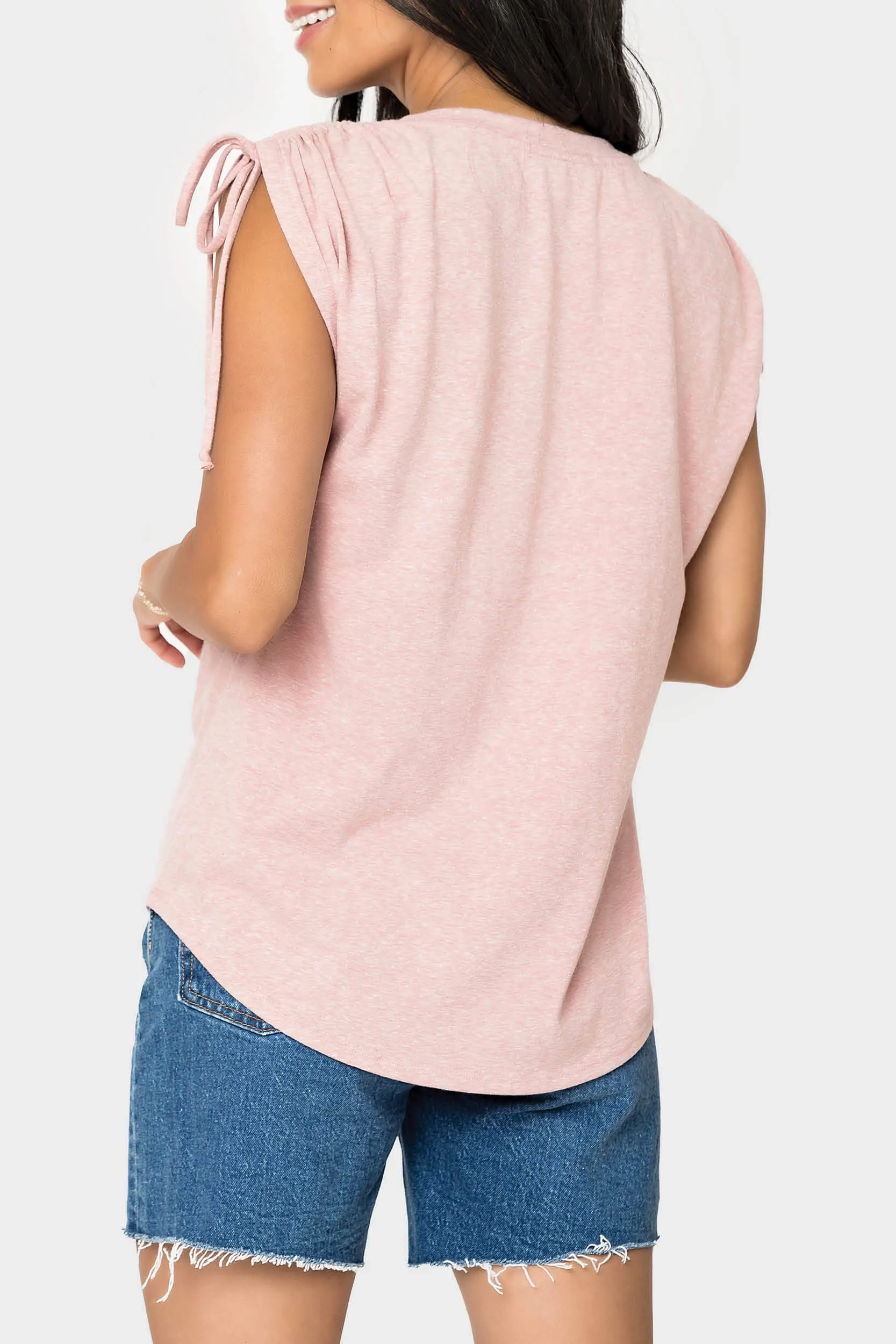 Rouched Sleeve Luxe V-Neck Tee