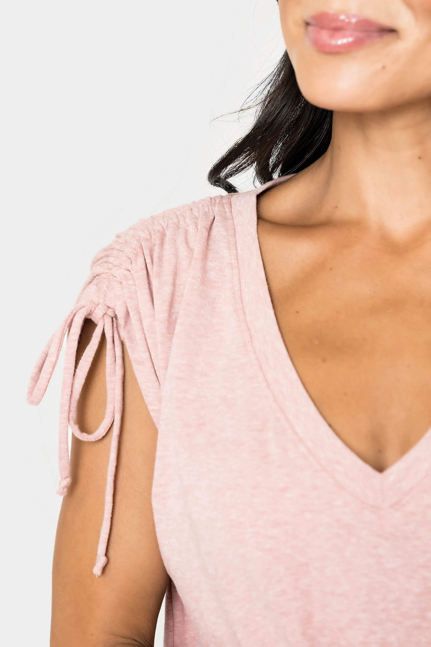 Rouched Sleeve Luxe V-Neck Tee