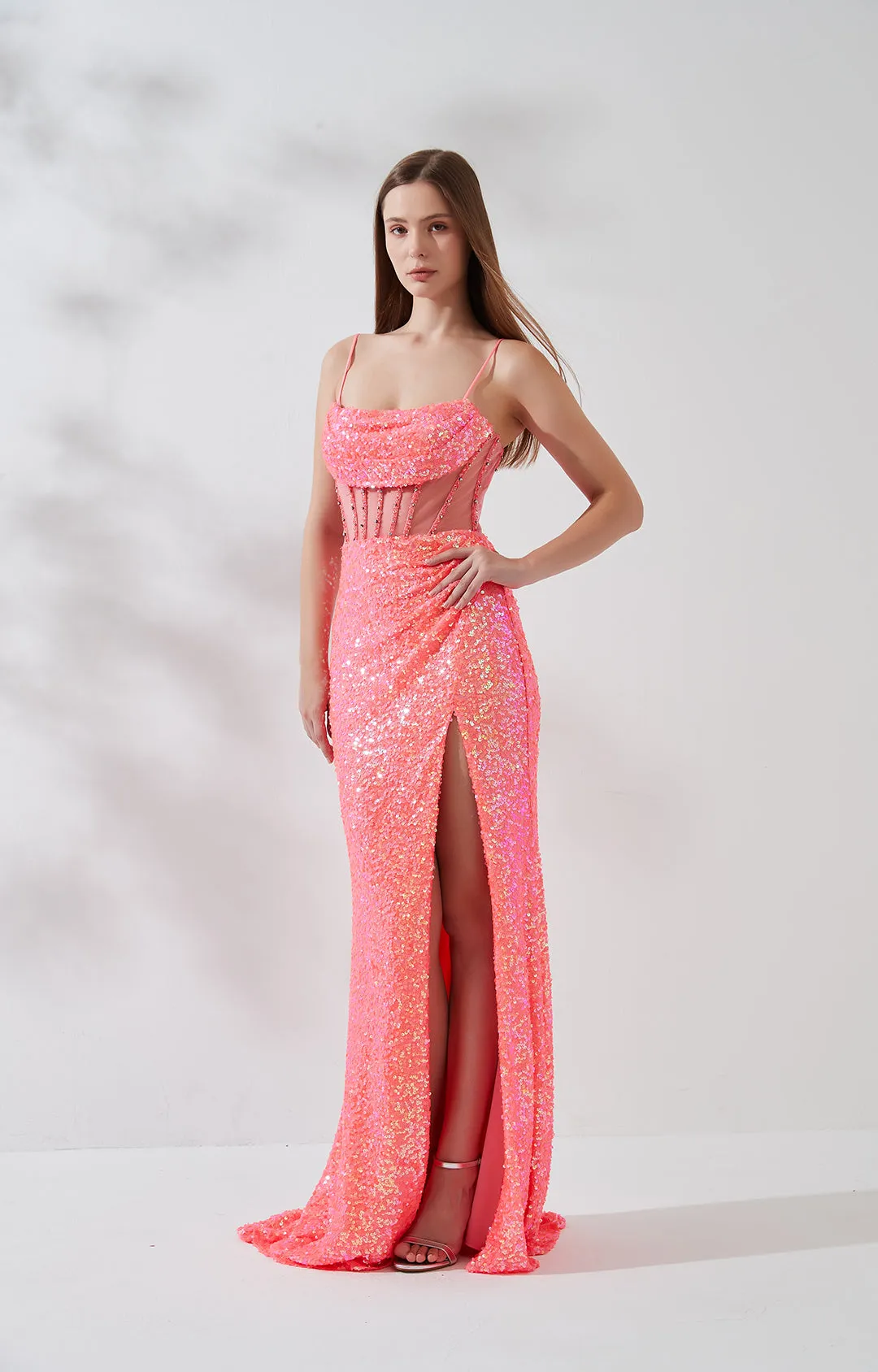 Sheath Ruched Drape Neckline Embroidered Sequin High Side Split Dress