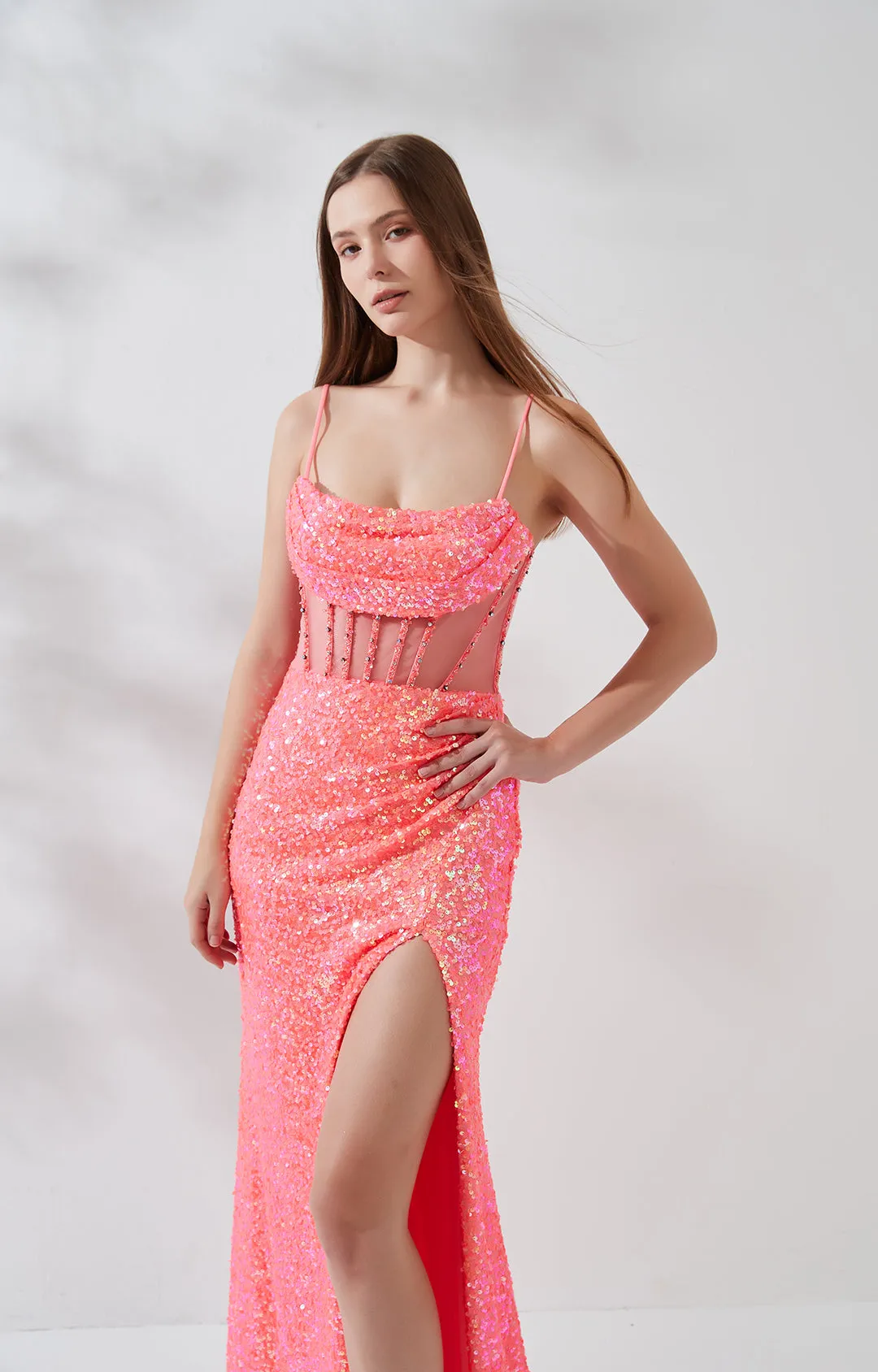 Sheath Ruched Drape Neckline Embroidered Sequin High Side Split Dress
