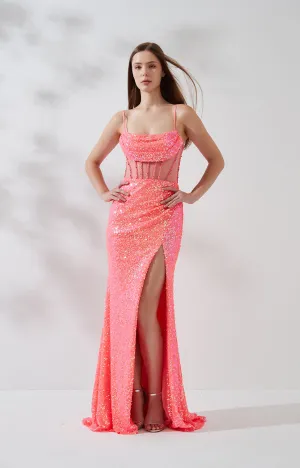 Sheath Ruched Drape Neckline Embroidered Sequin High Side Split Dress