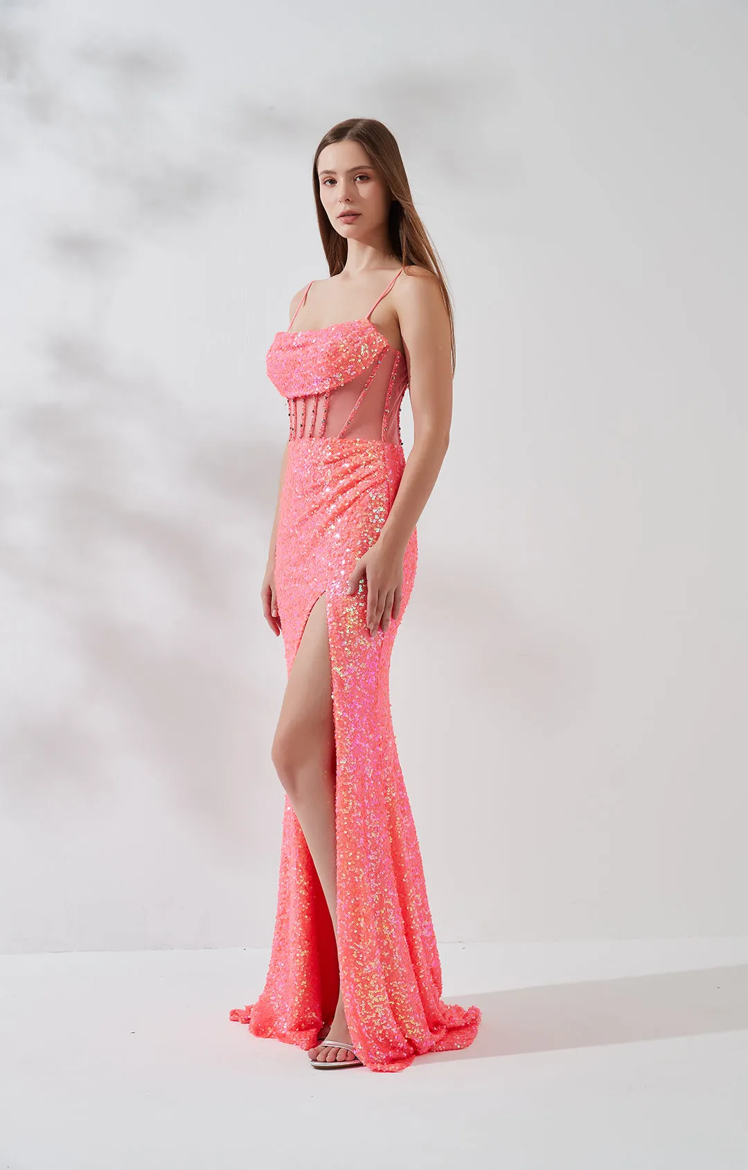 Sheath Ruched Drape Neckline Embroidered Sequin High Side Split Dress