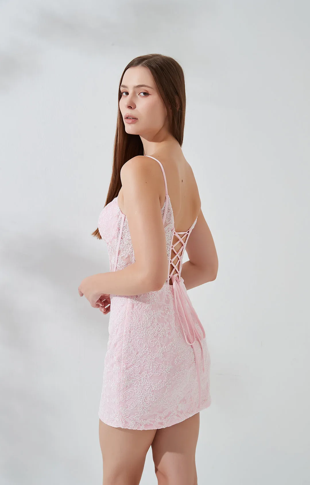 Sheath Spaghetti Straps Deep V-neck Lace Up Back Short Cocktail Party Dress