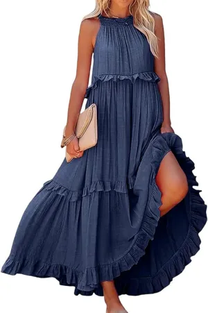 Spring Dresses for Women 2025, Women's Summer Sleeveless Halter Neck Ruffle Tiered Layed Flowy Swing Long Maxi Dress