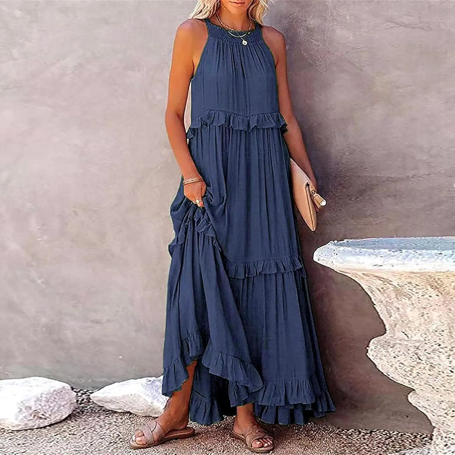 Spring Dresses for Women 2025, Women's Summer Sleeveless Halter Neck Ruffle Tiered Layed Flowy Swing Long Maxi Dress