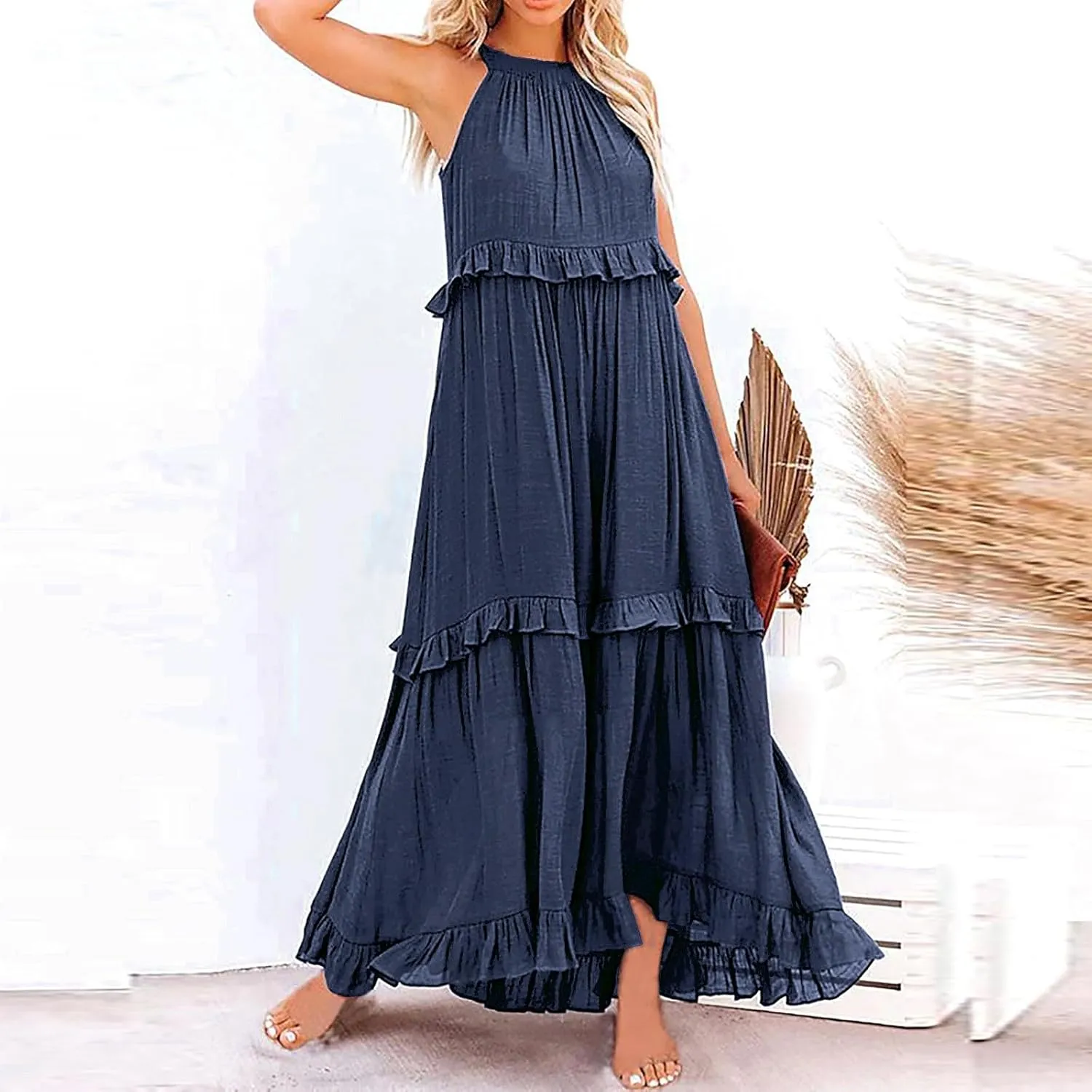Spring Dresses for Women 2025, Women's Summer Sleeveless Halter Neck Ruffle Tiered Layed Flowy Swing Long Maxi Dress