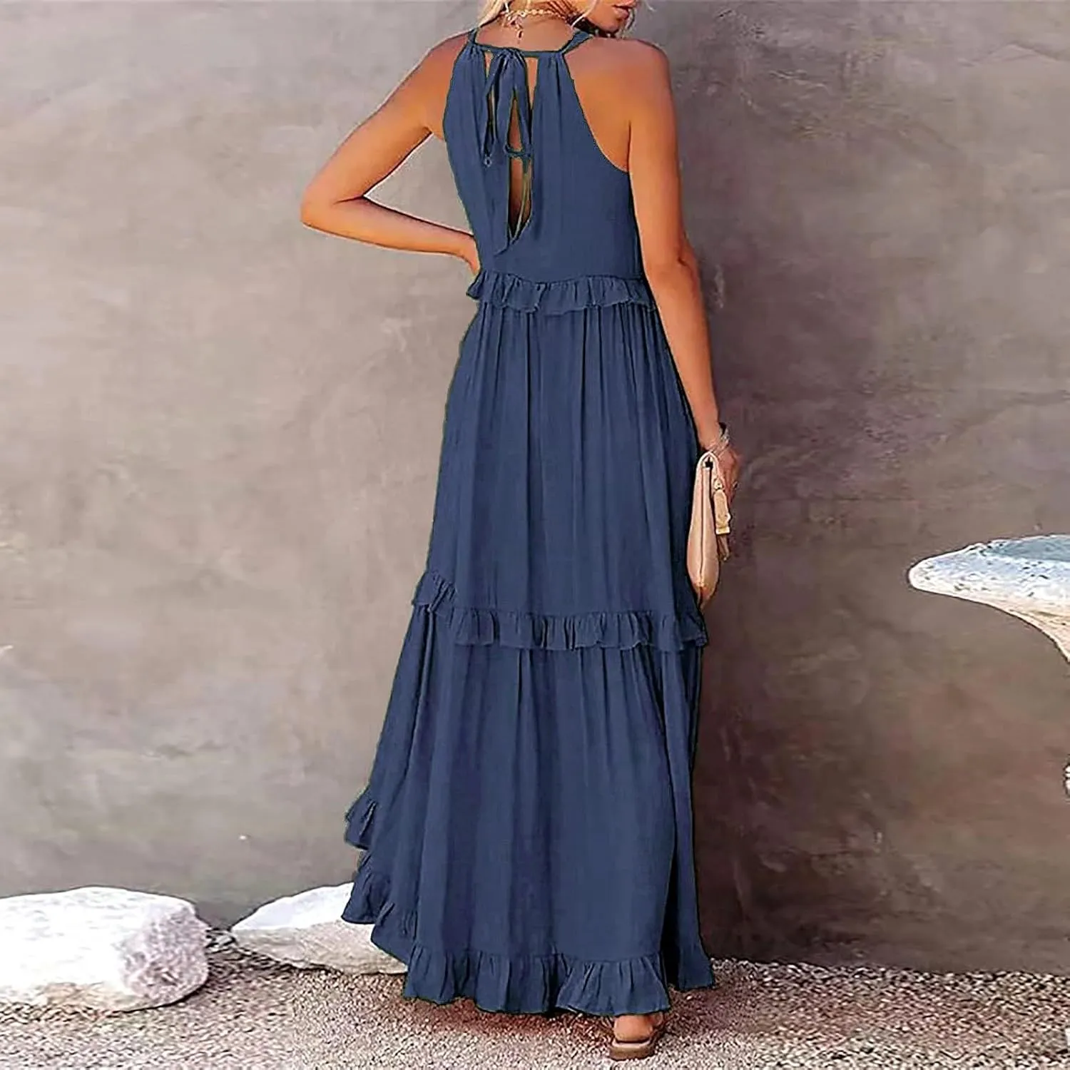 Spring Dresses for Women 2025, Women's Summer Sleeveless Halter Neck Ruffle Tiered Layed Flowy Swing Long Maxi Dress
