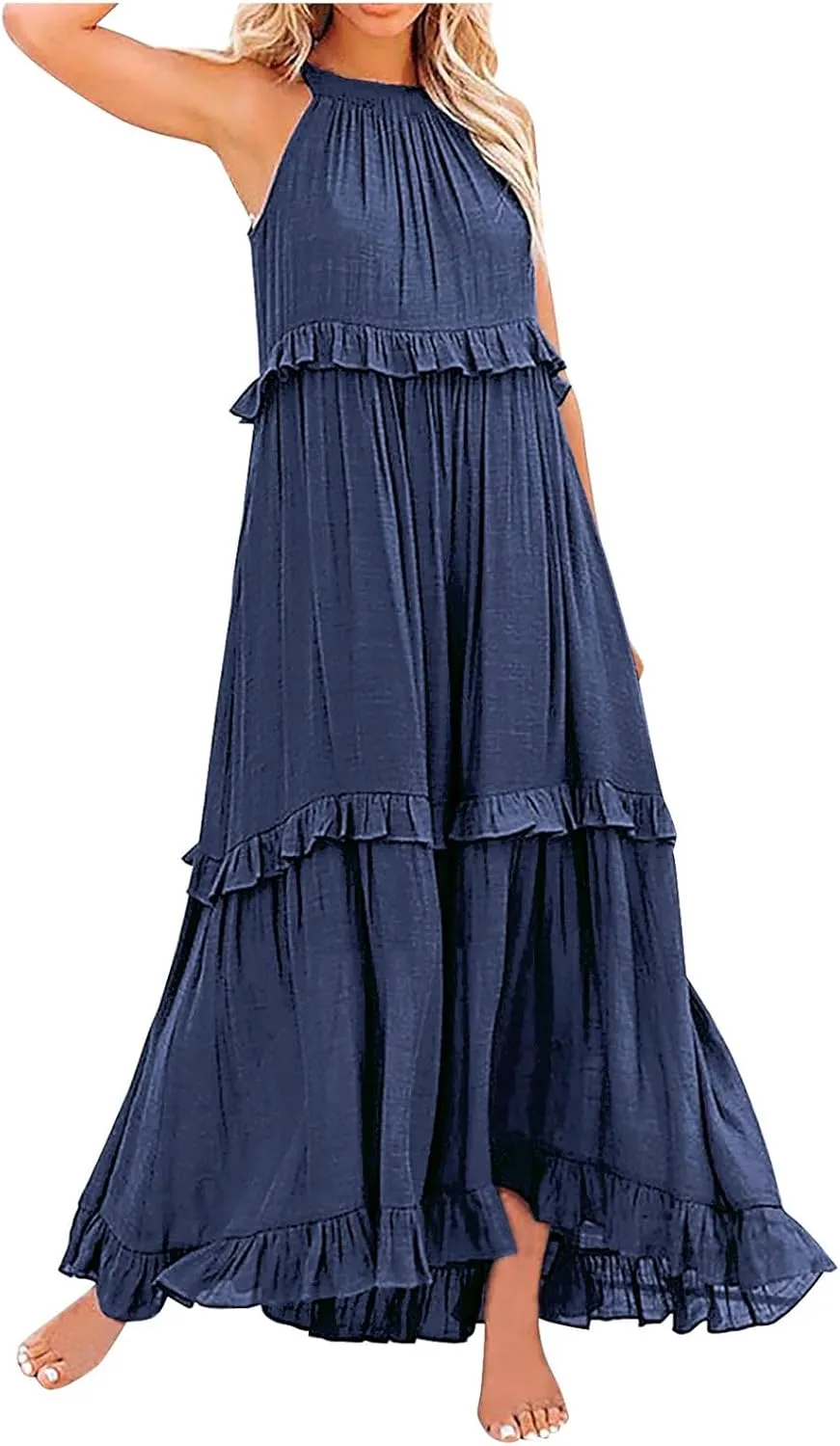 Spring Dresses for Women 2025, Women's Summer Sleeveless Halter Neck Ruffle Tiered Layed Flowy Swing Long Maxi Dress