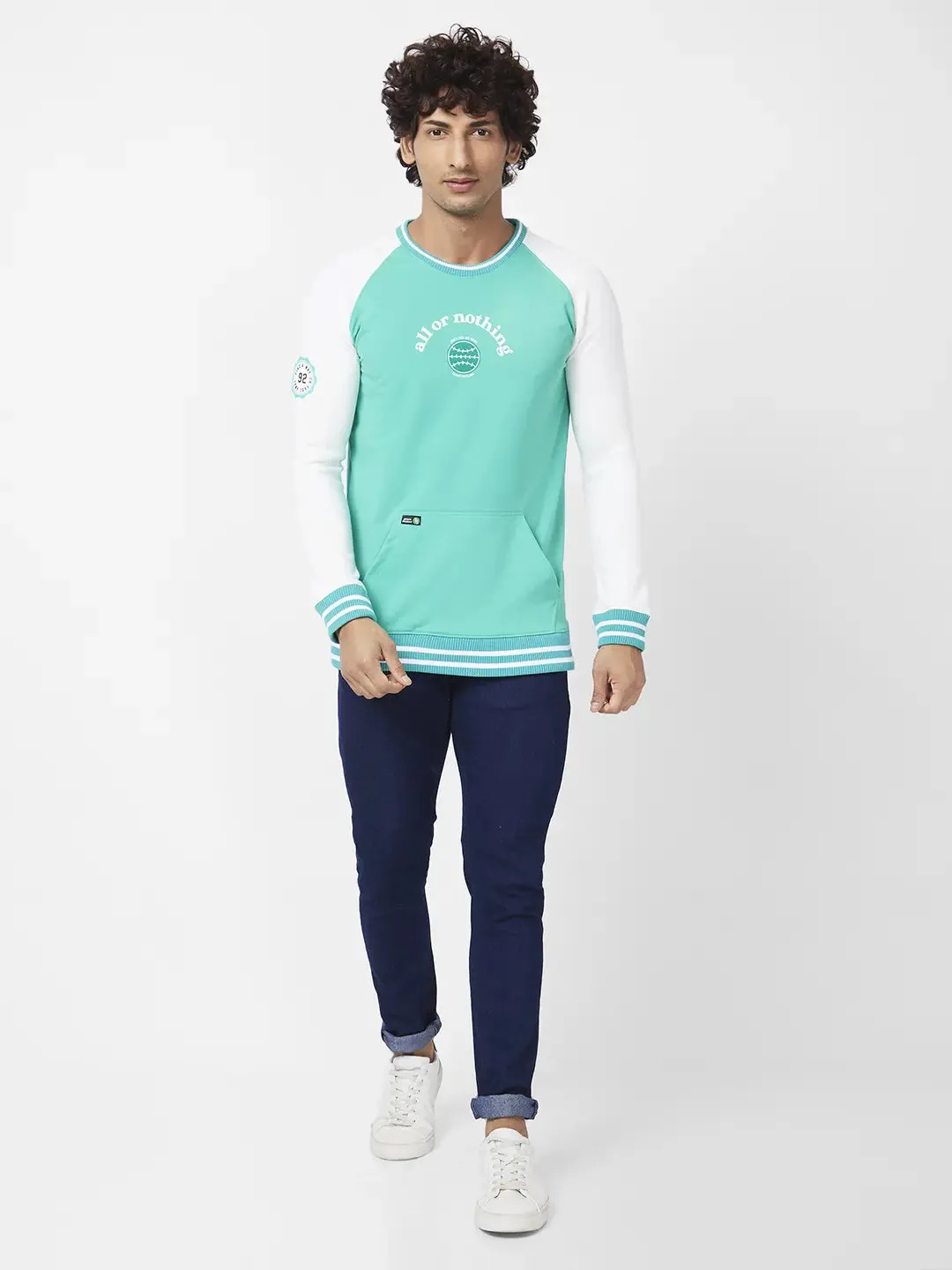 Spykar Men Sporty Green Blended Slim Fit Full Sleeve Round Neck Plain Sweatshirt