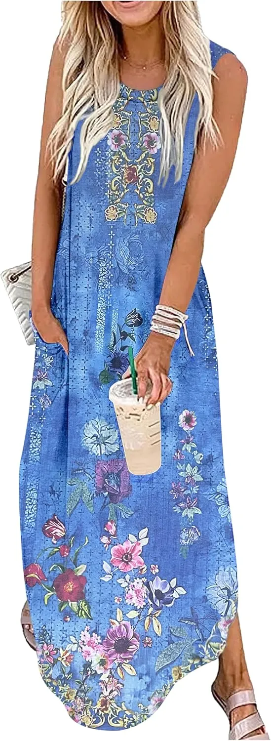 Summer Dresses for Women 2025 Beach Vacation Dress Boho Floral Sundresses Ladies Tropical Pockets Maxi Dress