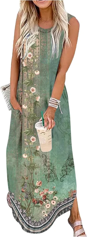 Summer Dresses for Women 2025 Beach Vacation Dress Boho Floral Sundresses Ladies Tropical Pockets Maxi Dress