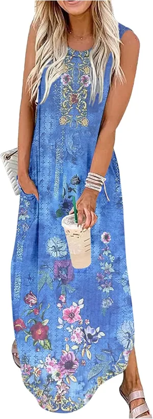 Summer Dresses for Women 2025 Beach Vacation Dress Boho Floral Sundresses Ladies Tropical Pockets Maxi Dress