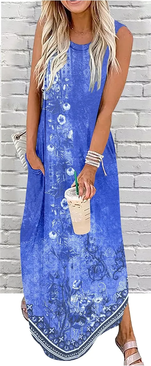 Summer Dresses for Women 2025 Beach Vacation Dress Boho Floral Sundresses Ladies Tropical Pockets Maxi Dress
