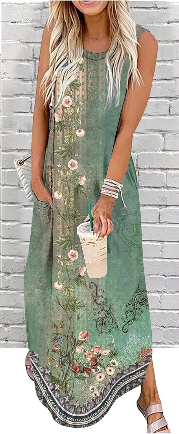 Summer Dresses for Women 2025 Beach Vacation Dress Boho Floral Sundresses Ladies Tropical Pockets Maxi Dress