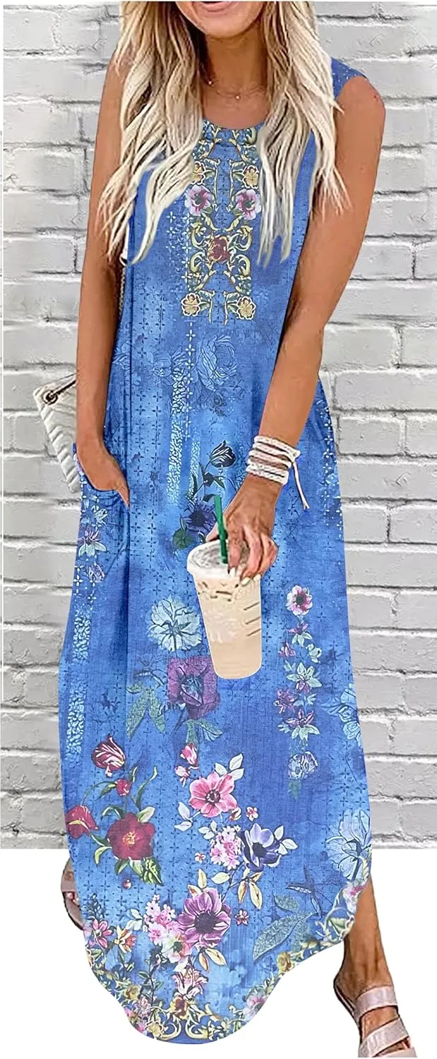 Summer Dresses for Women 2025 Beach Vacation Dress Boho Floral Sundresses Ladies Tropical Pockets Maxi Dress