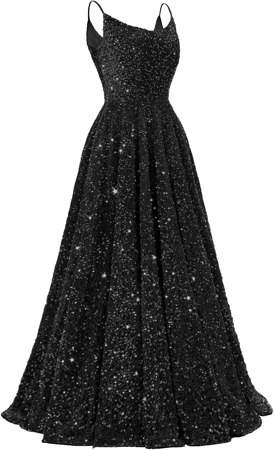 Tianzhihe Sequin Prom Dresses 2025 Long Sparkly Ball Gowns Spaghetti Straps A-Line Formal Evening Party Gown with Pockets