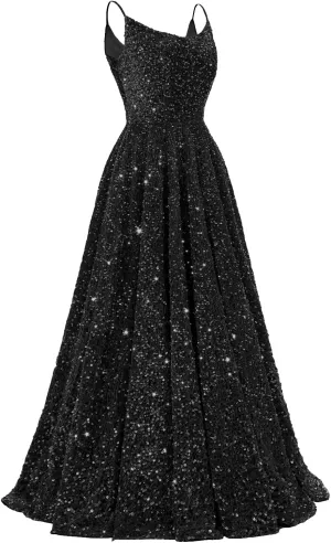 Tianzhihe Sequin Prom Dresses 2025 Long Sparkly Ball Gowns Spaghetti Straps A-Line Formal Evening Party Gown with Pockets