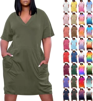 Tshirt Dress Women Plus Size Summer Loose V Neck Short Sleeve Tunic Knee Length Dress Simple Lounge Dresse with Pockets