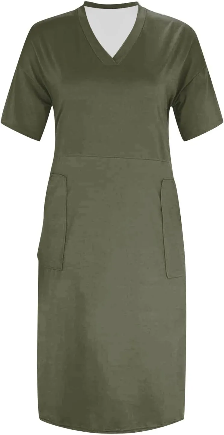 Tshirt Dress Women Plus Size Summer Loose V Neck Short Sleeve Tunic Knee Length Dress Simple Lounge Dresse with Pockets