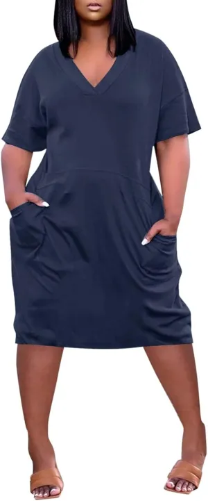 Tshirt Dress Women Plus Size Summer Loose V Neck Short Sleeve Tunic Knee Length Dress Simple Lounge Dresse with Pockets