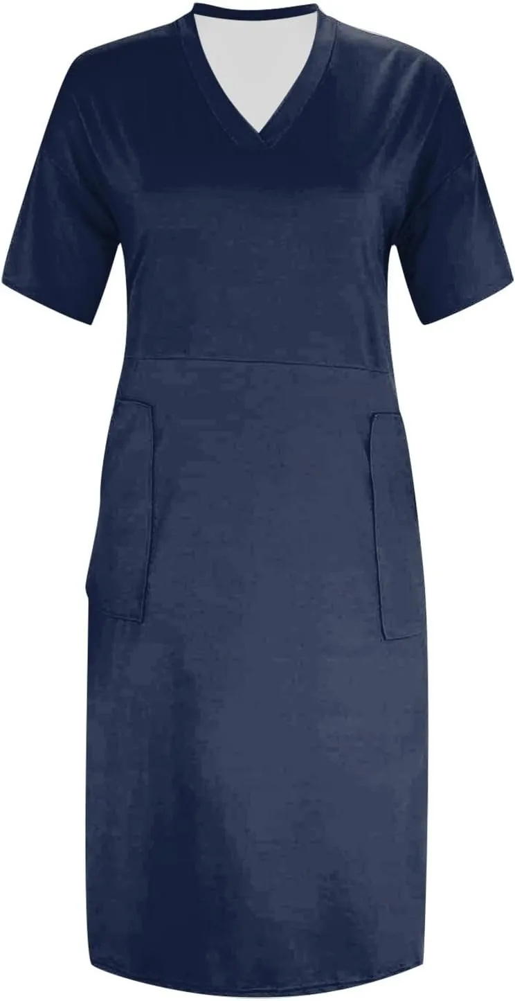 Tshirt Dress Women Plus Size Summer Loose V Neck Short Sleeve Tunic Knee Length Dress Simple Lounge Dresse with Pockets