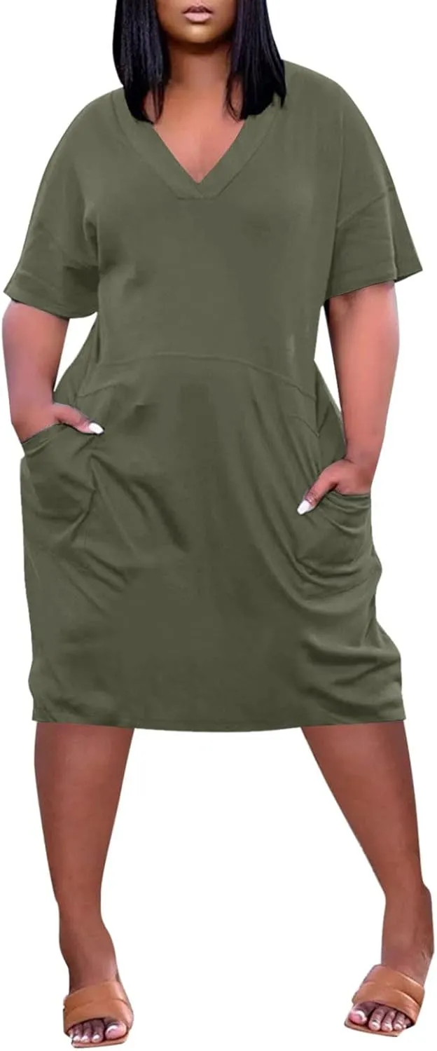 Tshirt Dress Women Plus Size Summer Loose V Neck Short Sleeve Tunic Knee Length Dress Simple Lounge Dresse with Pockets