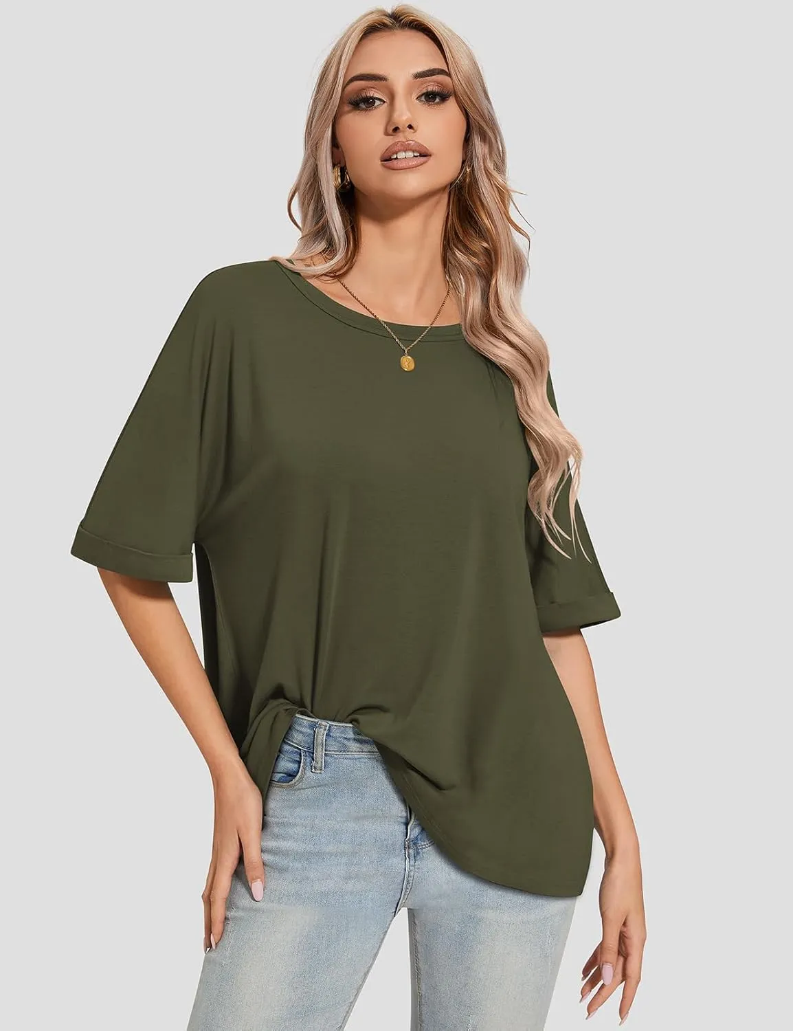 UEU Women Oversized T-Shirt Summer Casual Loose Fit Short Sleeve Basic Tops Workout Gym Tee Shirt