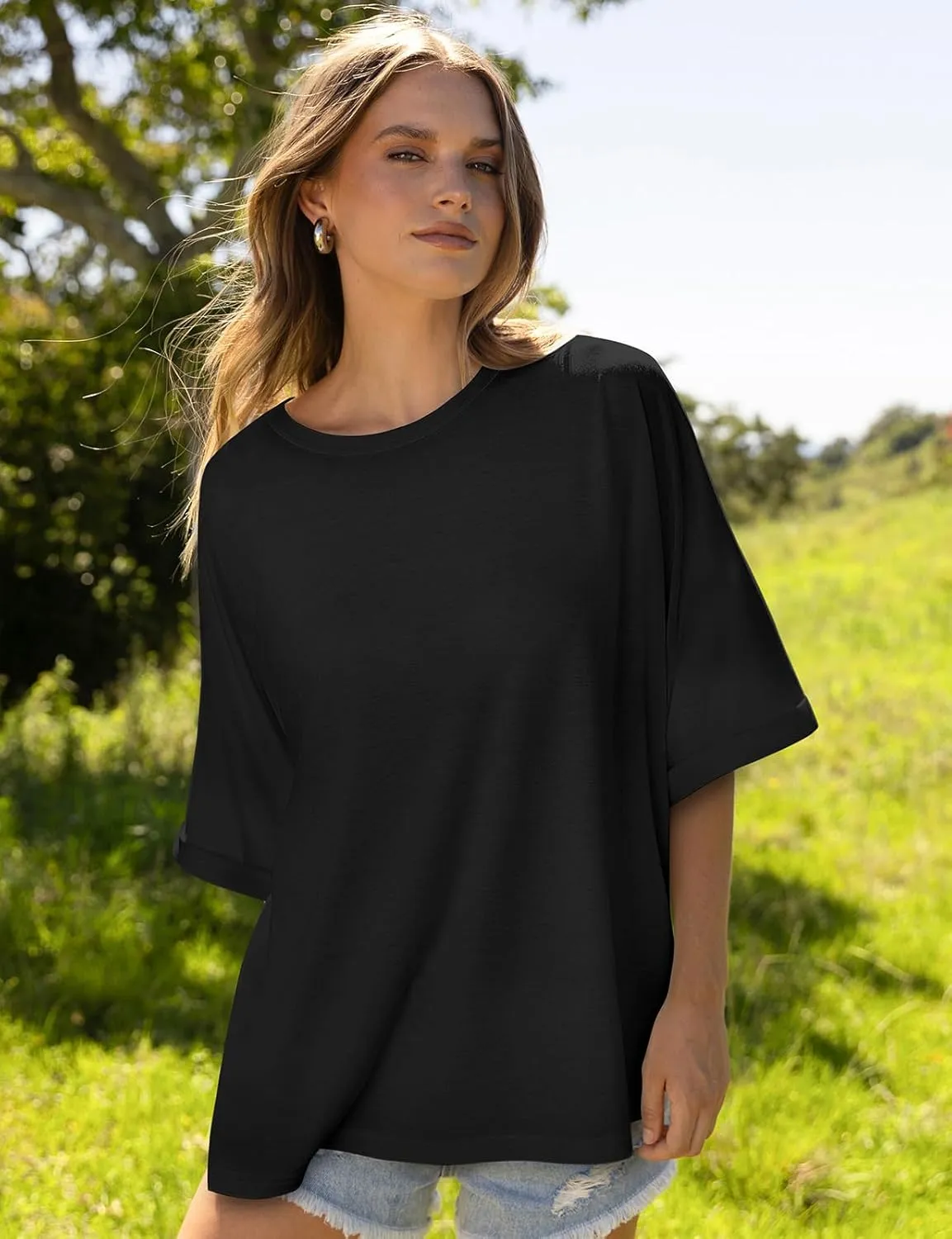 UEU Women Oversized T-Shirt Summer Casual Loose Fit Short Sleeve Basic Tops Workout Gym Tee Shirt