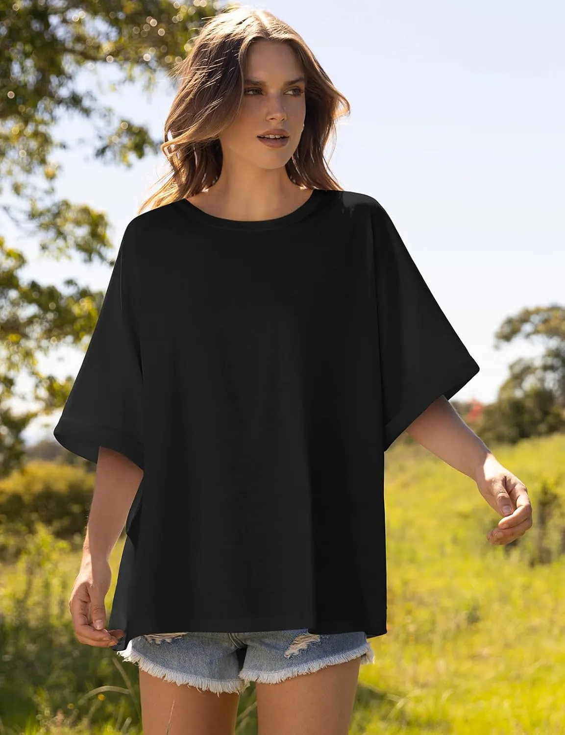 UEU Women Oversized T-Shirt Summer Casual Loose Fit Short Sleeve Basic Tops Workout Gym Tee Shirt