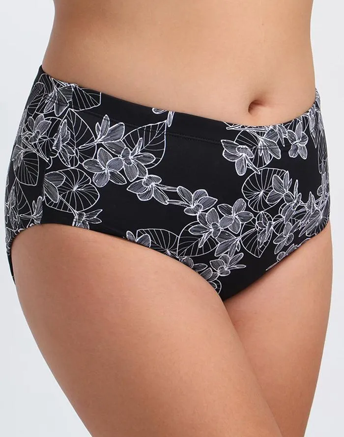 White pattern black bottom low waist swim shorts