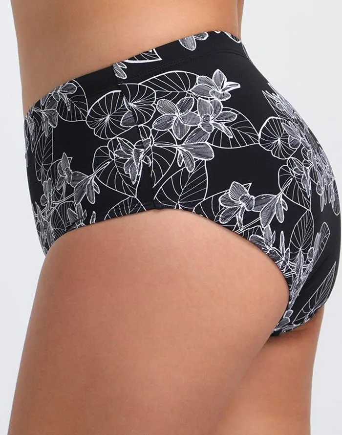 White pattern black bottom low waist swim shorts